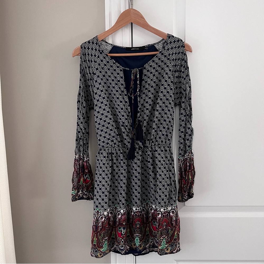 Blue Patterned Long Sleeve Dress